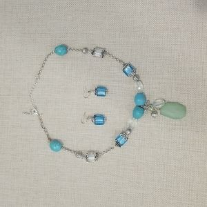 Set of Blue and Green Beaded Necklace and Earrings